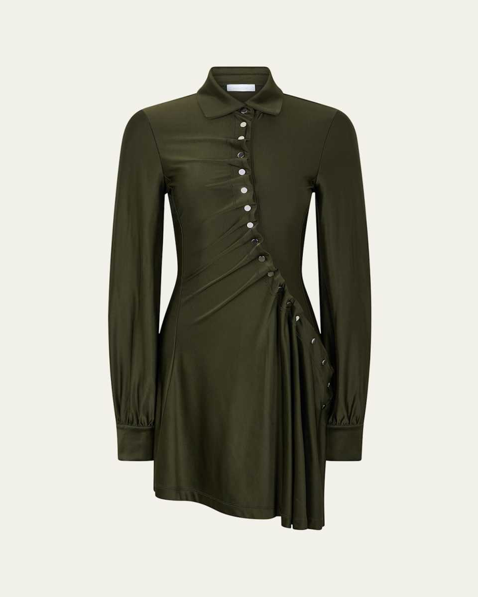 Ruched Button Long-Sleeve Mini Shirtdress